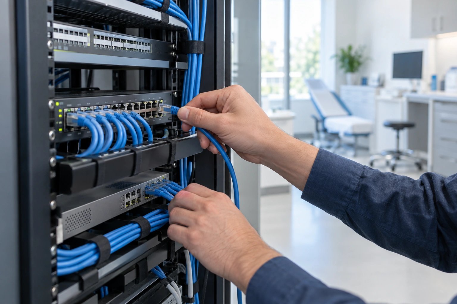 Illustrative close-up of hands connecting network equipment in a clinic