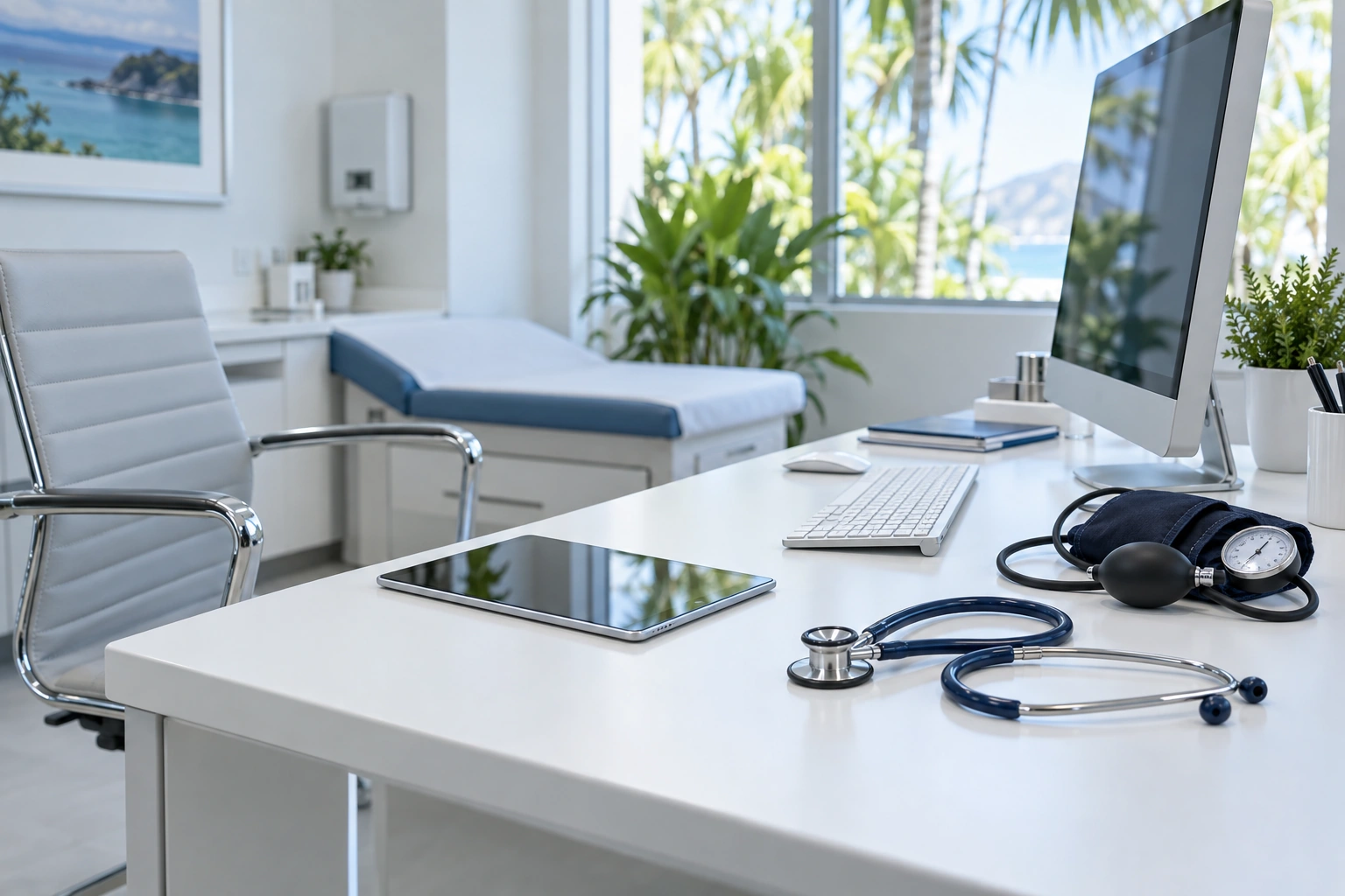 Illustrative empty clinical workstation with a monitor and medical equipment