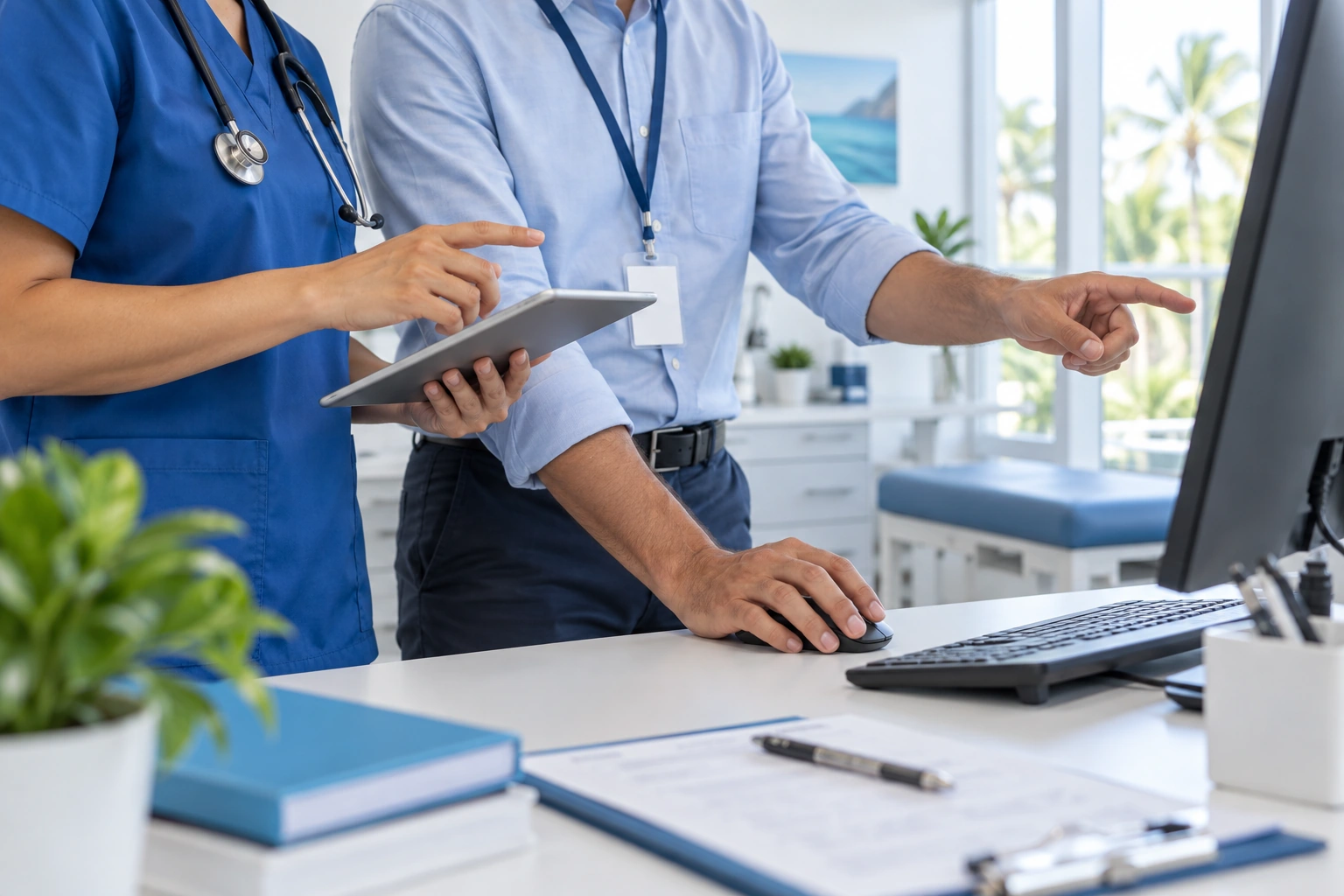 Illustrative close-up of hands providing IT assistance at a clinical workstation; no faces are shown